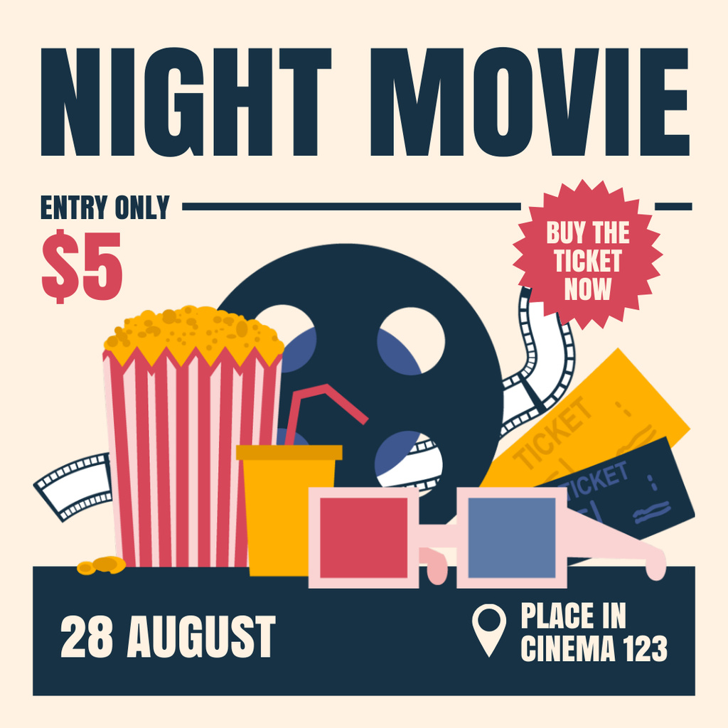 Movie Night Announcement with Popcorn Instagram Tasarım Şablonu