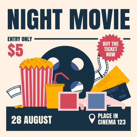Movie Night Announcement with Popcorn Instagram Design Template