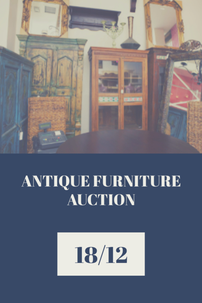 Ontwerpsjabloon van Postcard 4x6in Vertical van Rare Furniture And Artworks Auction Announcement In Blue