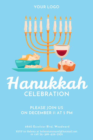 Hanukkah Celebration Invitation Menorah on Blue Invitation 6x9in Design Template