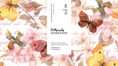 oficina de caligrafia anúncio com pinturas florais Youtube Modelo de Design