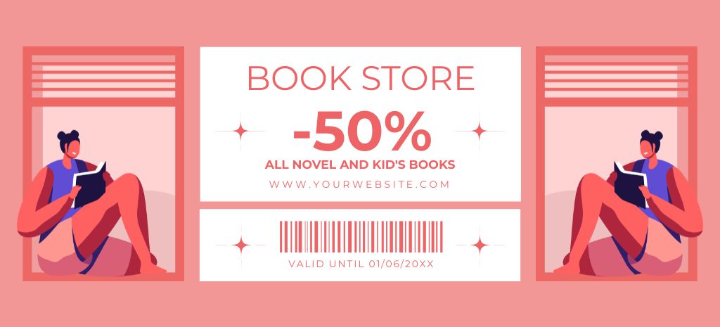 Bookstore Discount Voucher with Readers On Pink Coupon 3.75x8.25in Tasarım Şablonu