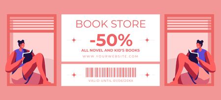 Bookstore Discount Voucher with Readers On Pink Coupon 3.75x8.25in Design Template