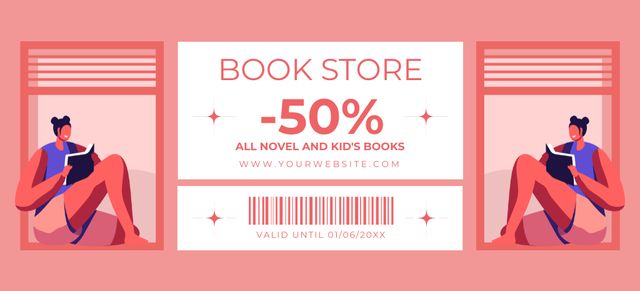 Bookstore Discount Voucher with Readers On Pink Coupon 3.75x8.25in Design Template