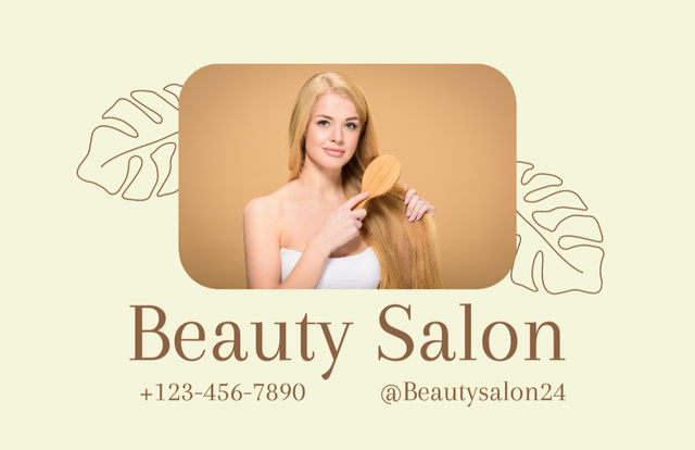 Beauty Salon Offer with Beautiful Woman Brushing Long Hair Business Card 85x55mm Tasarım Şablonu