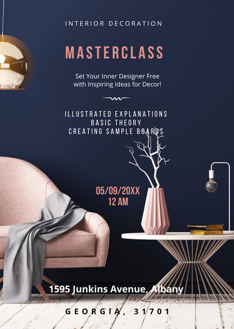 Interior Decoration Masterclass Ad with Modern Pink Sofa Flyer A6 Design Template