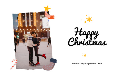 Christmas Greeting with Couple on Ice Rink Postcard Design Template