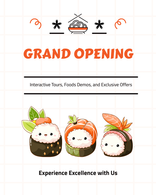 Grand Opening Of Asian Restaurant With Cute Characters Instagram Post Verticalデザインテンプレート