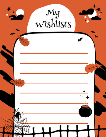 Halloween Wishlist with Bats Silhouettes on Orange Notepad 8.5x11in Design Template