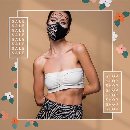 Maskeli Şık Genç Kadınla Satış Duyurusu Instagram Tasarım Şablonu