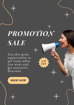 Promotion Sale At Half Price Announcement Through Megaphone Poster 28x40in Design Template