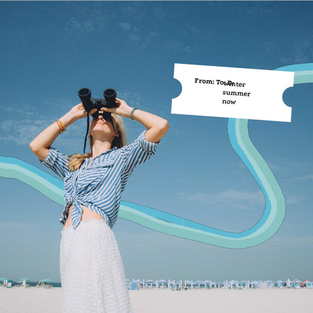 Stylish Girl on Beach with Binoculars Animated Post Šablona návrhu