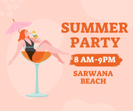 Summer Party Announcement with Girl and Cocktail Facebook Design Template