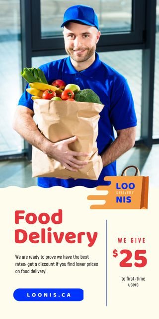 Food Delivery Services Courier with Groceries Graphic Modelo de Design