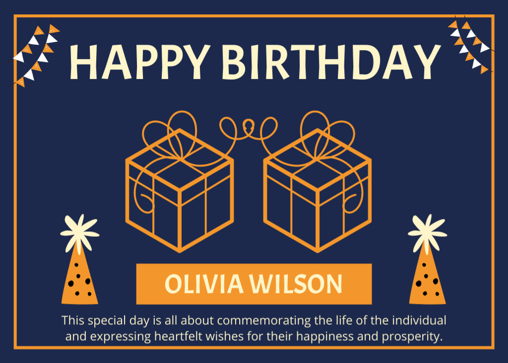 Happy Birthday Greeting with Gifts on Blue Postcard 5x7in – шаблон для дизайну