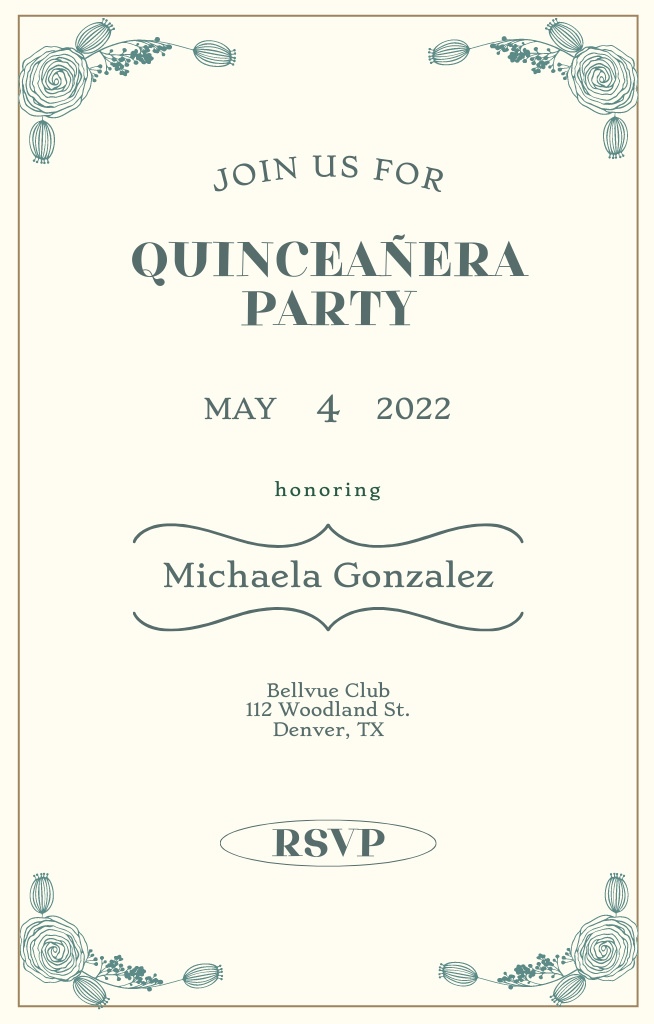 Platilla de diseño Celebration Quinceañera Announcement With Ornament Invitation 4.6x7.2in