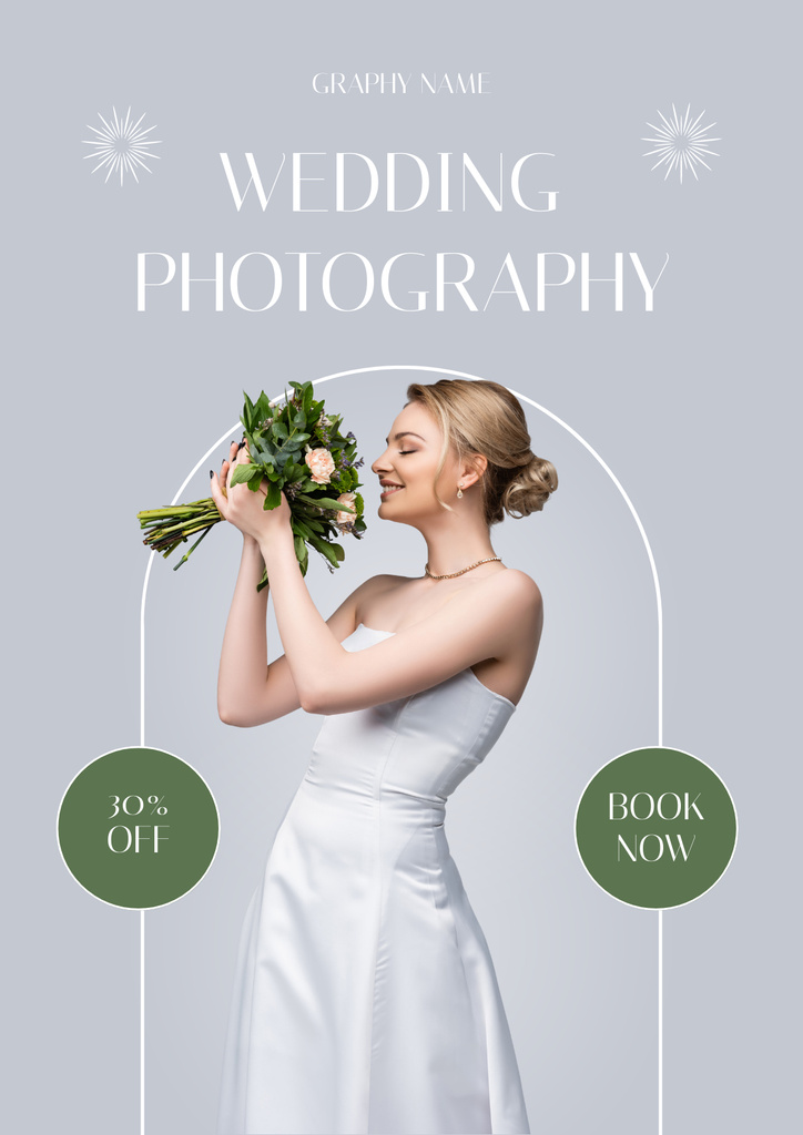 Photography Studio Ad with Bride in Sniffing Wedding Bouquet Poster Design Template