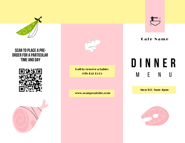 Designvorlage Dinners Offer With Breakfasts And Drinks für Menu 11x8.5in Tri-Fold