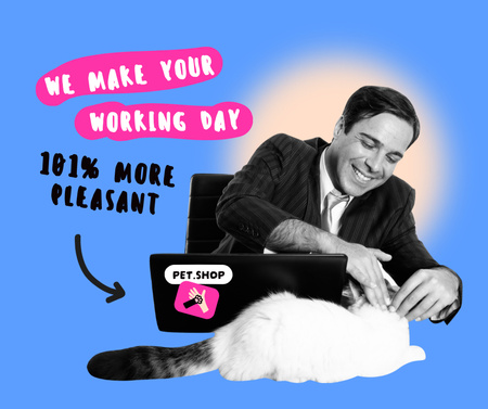 Funny Businessman petting Cat on Workplace Facebook Design Template