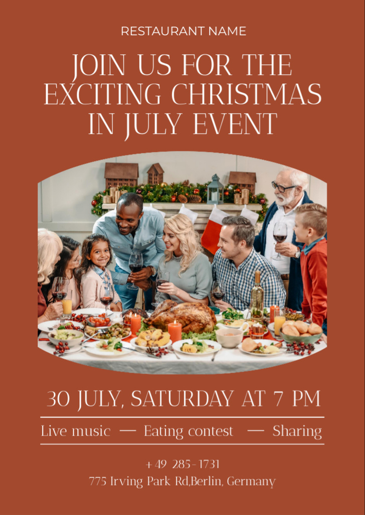 July Christmas Party with Happy Family on Brown Flyer A6 Design Template