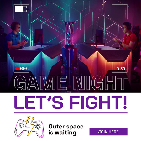 Gaming Event At Night With Computers And Consoles Animated Post Design Template