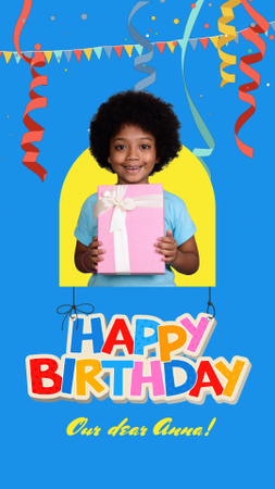 Ajándék és őszinte gratuláció a gyermek születésnapjára Instagram Video Story tervezősablon