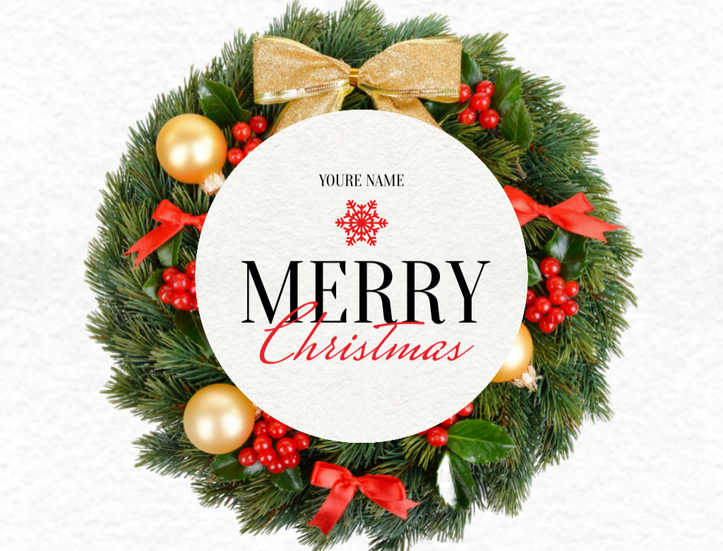 Merry Christmas Greeting with Decorated Wreath Postcard 4.2x5.5in Šablona návrhu