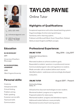 Online Tutor Skills and Experience Resume Design Template