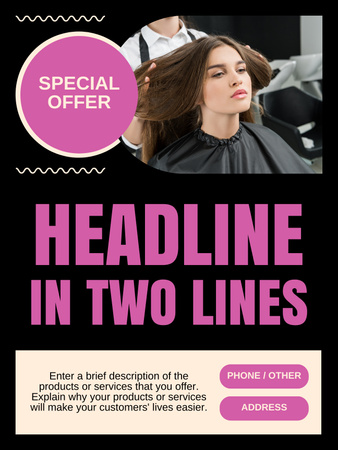 Designvorlage Schöne junge Frau lässt sich im Salon die Haare stylen für Poster US