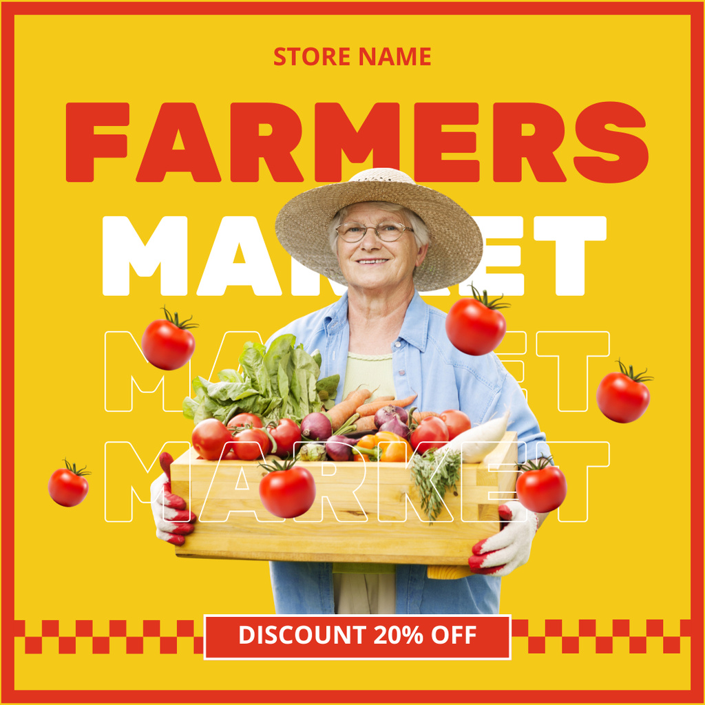 Elderly Woman Farmer with Box of Fresh Vegetables Instagram AD Šablona návrhu