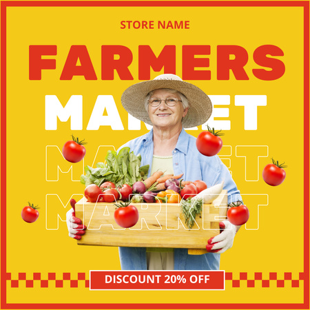 Mulher idosa agricultora com caixa de legumes frescos Instagram AD Modelo de Design