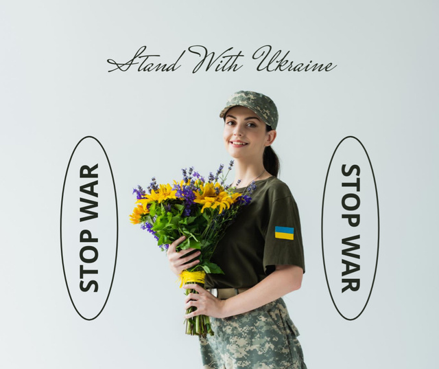 Ontwerpsjabloon van Facebook van Ukrainian Woman Soldier with Flowers