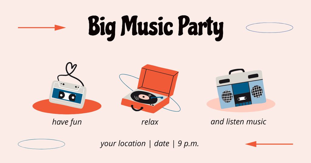 Music Party Announcement With Audio Recorders Facebook AD Design Template