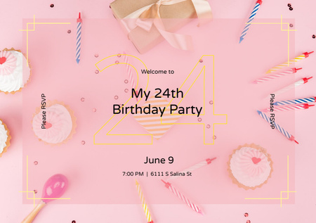 Plantilla de diseño de Birthday Celebration Announcement With Candles And Cupcakes Postcard A5 