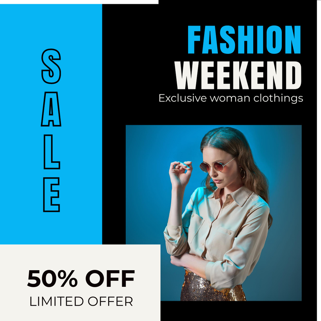 Blue Ad of Fashion Weekend Sale Instagram Design Template