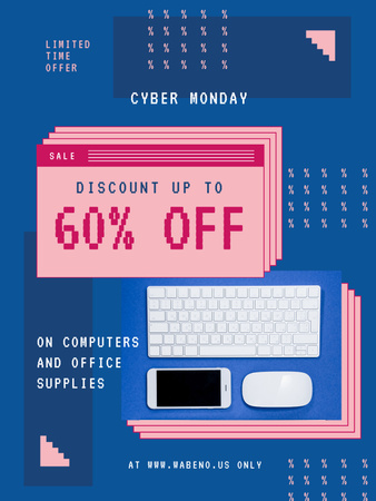 Designvorlage Cyber Monday Sale mit Tastatur und Gadgets in Blau für Poster US