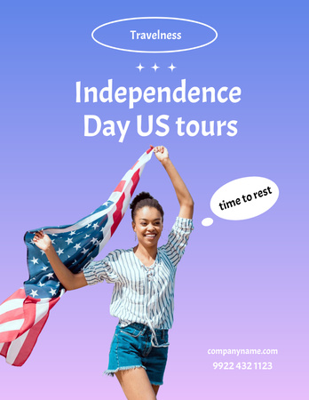USA Independence Day Travel Tours Offer with Woman holding Flag Poster 8.5x11in Design Template