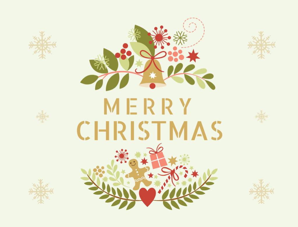 Platilla de diseño Christmas Greetings with Illustrated Twigs and Gingerman Postcard 4.2x5.5in