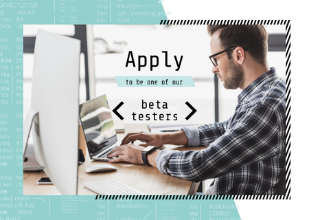 Platilla de diseño Beta Testers Search Announcement Man Typing on Laptop Card