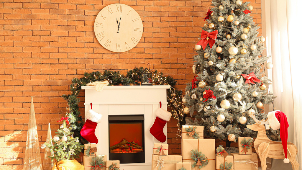 Room with Christmas Decor and Brick Wall Zoom Background Modelo de Design