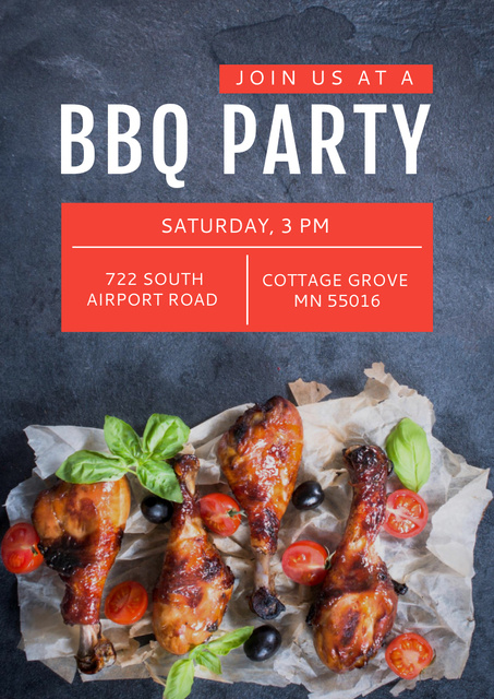 BBQ Party Invitation with Delicious Chicken Meat Poster A3 Design Template