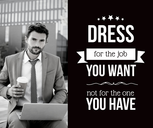 Designvorlage Businessman In Suit in Black and White With Wisdom About Job für Facebook