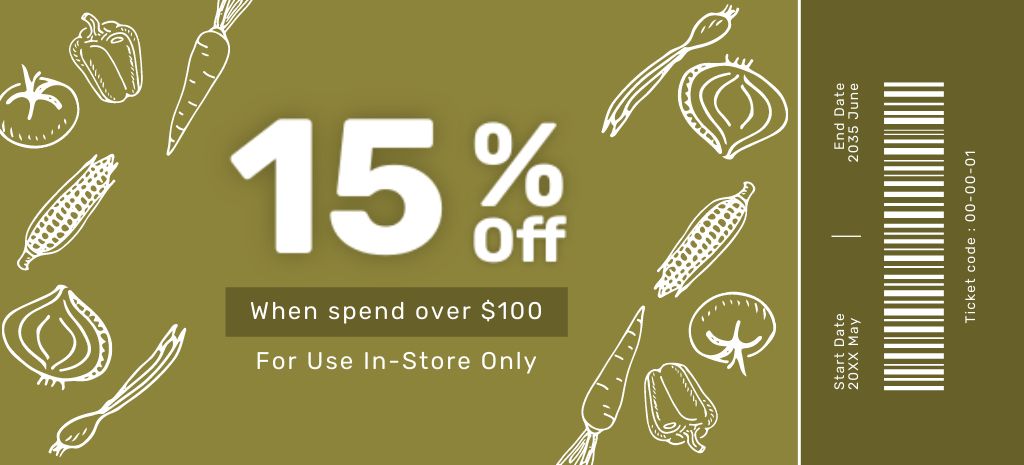 Plantilla de diseño de Grocery Store Discount Offer with Vegetable Sketches Coupon 3.75x8.25in 