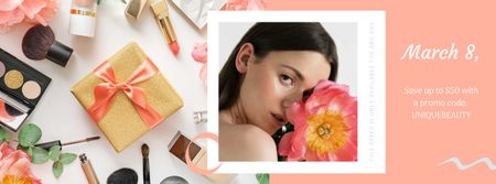 Makeup Gift Girl Holding  March 8 Flower Facebook Video cover Design Template