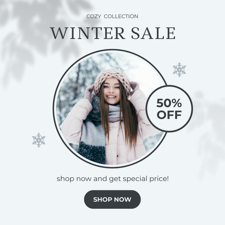 Winter Sale Announcement with Young Woman in Warm Hat Instagram Modelo de Design