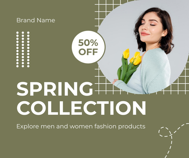 Spring Sale with Young Woman with Tulips with Discount in Green Facebook Design Template