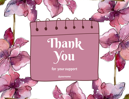Suluboya Çiçeklerle Teşekkür Mesajı Thank You Card 5.5x4in Horizontal Tasarım Şablonu