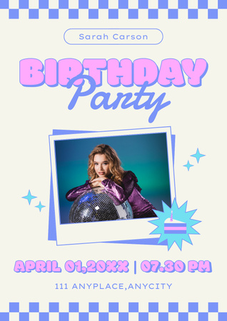 Вечеринка по случаю дня рождения с женщиной и диско-шаром Poster – шаблон для дизайна