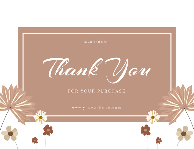 Thank You for Your Purchase Message with White and Brown Flowers Thank You Card 5.5x4in Horizontal Šablona návrhu