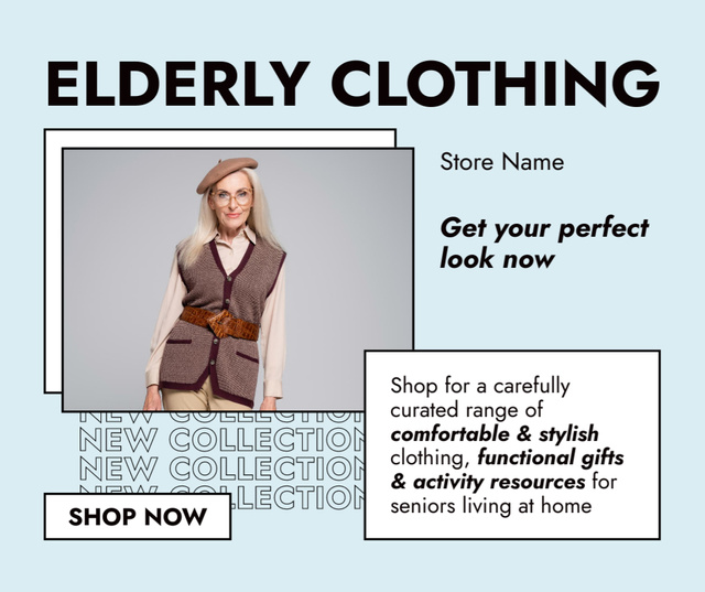 Designvorlage Offer of Stylish Elderly Clothing für Facebook